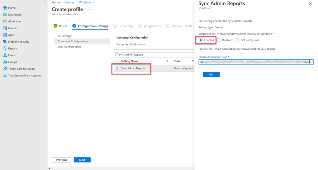 Creating a configuration profile for OneDrive monitoring in Intune